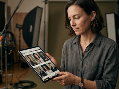 A picture of a photographer looking at a tablet of pictures.