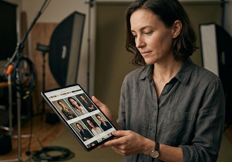 A picture of a photographer looking at a tablet of pictures.