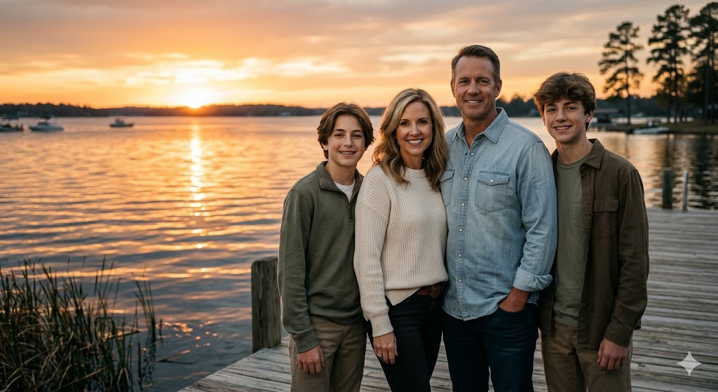 A picture of a family standing by a lake near Conroe, Texas.