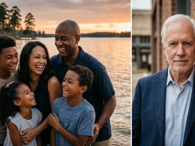 One side shows a family laughing by the sparkling water of Lake Conroe at sunset; the other shows a confident senior standing against a brick wall in Historic Downtown Conroe.