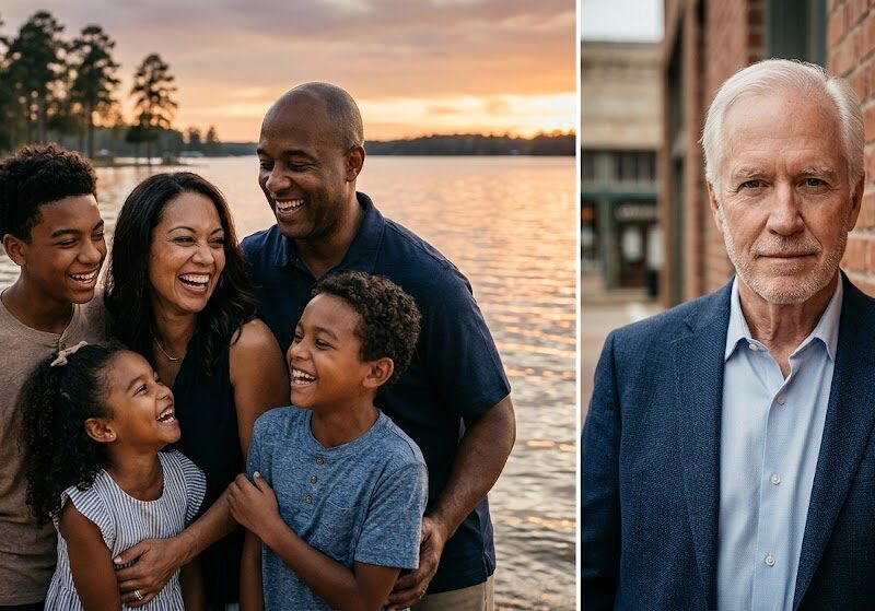 One side shows a family laughing by the sparkling water of Lake Conroe at sunset; the other shows a confident senior standing against a brick wall in Historic Downtown Conroe.