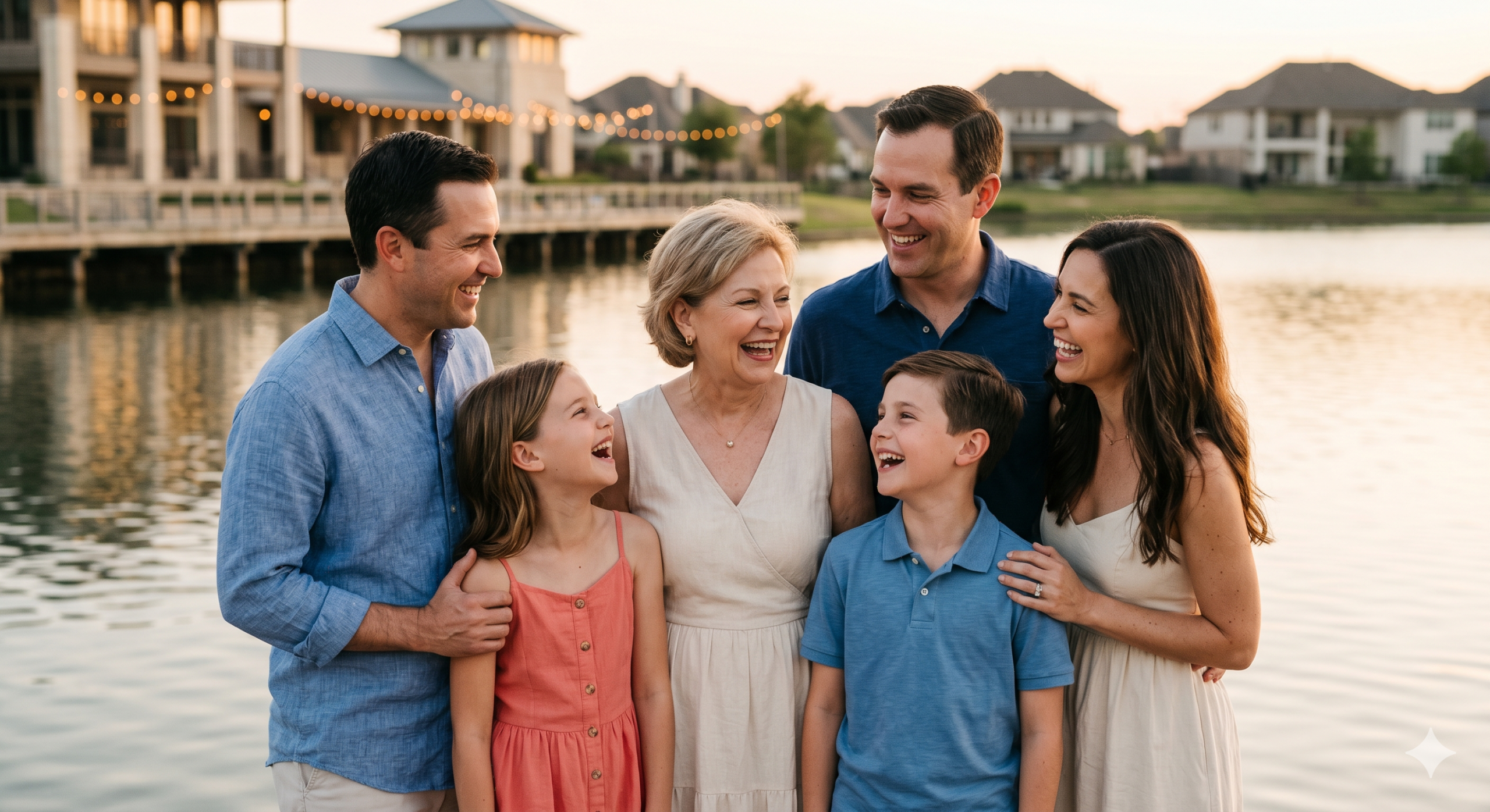 A photograph of a family laughing together along the water's edge at Towne Lake in Cypress, TX. 