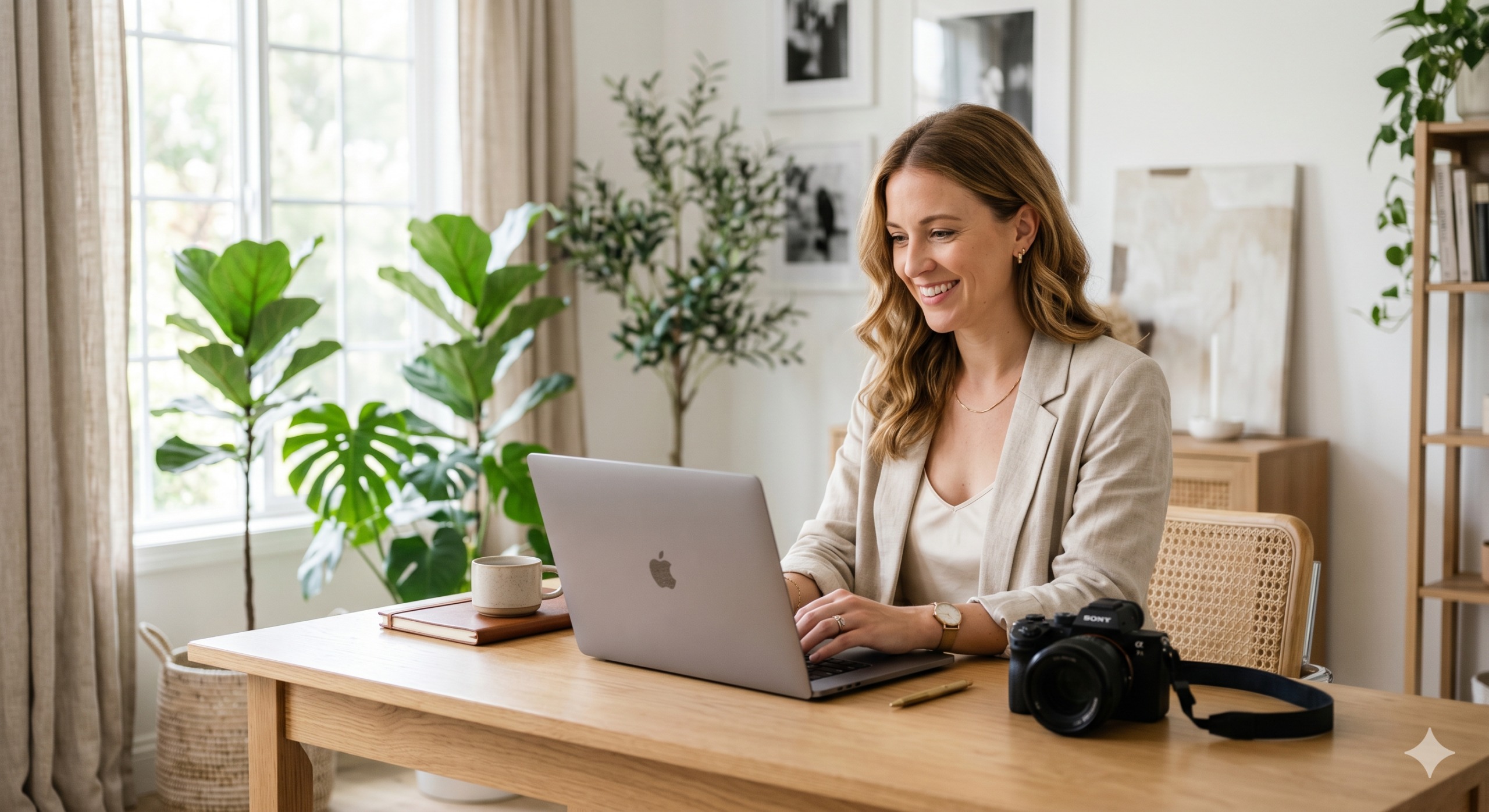 A picture of a female photographer on her computer.