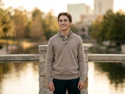 A picture of a senior high student during his senior portraits in The Woodlands, Texas.