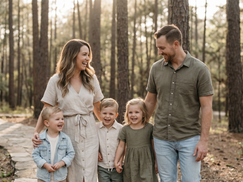 A picture of a family of 5 in a wooded park during thier family portrait session in The Woodlands, Texas.